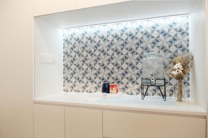 Dining Area Sideboard and Display Niche in an HDB Flat in Singapore: Socket, Light Strip and Pendant Point to Settle Before Tiling